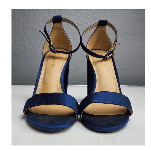 Moda Chics Shoes - Moda Chics Women's High Chunky Block Heel Pump Dress Sandals Navy Satin 7.5